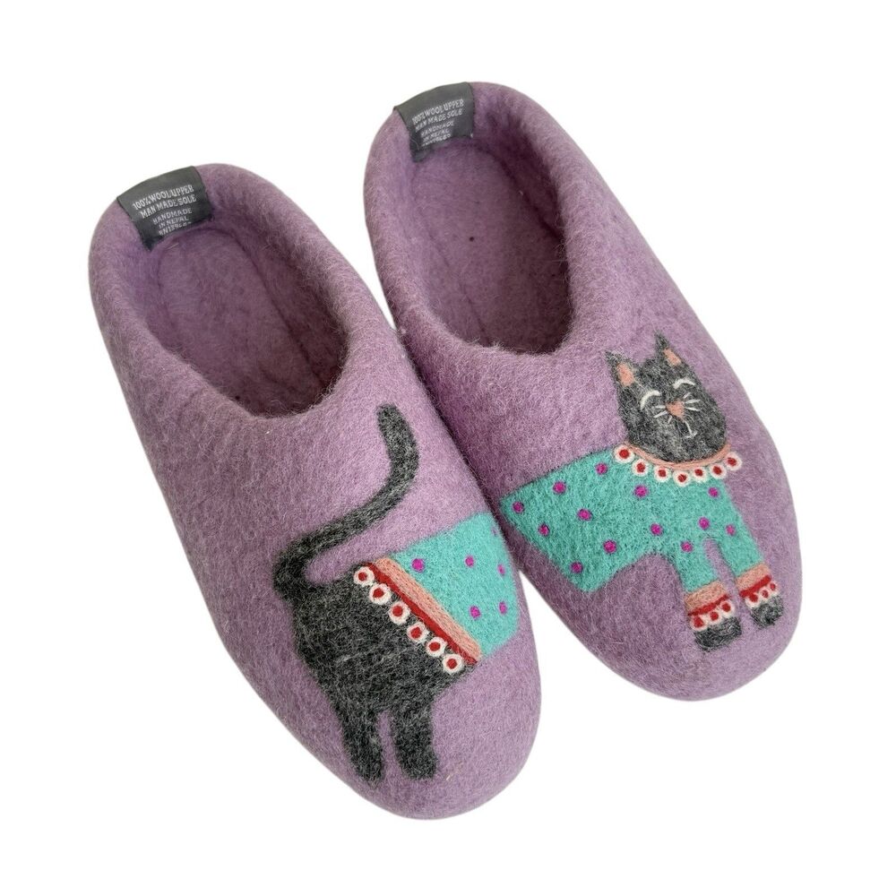 French Knot Womens 100% Wool Purple Comfort Slippers Fancy Gray Cat Kitty Size S